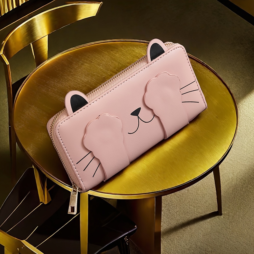 

Adorable Pink Cat-faced Wallet: Perfect For Credit Cards And Coins - Non-woven Pu Leather, Cute Design, Not Washable