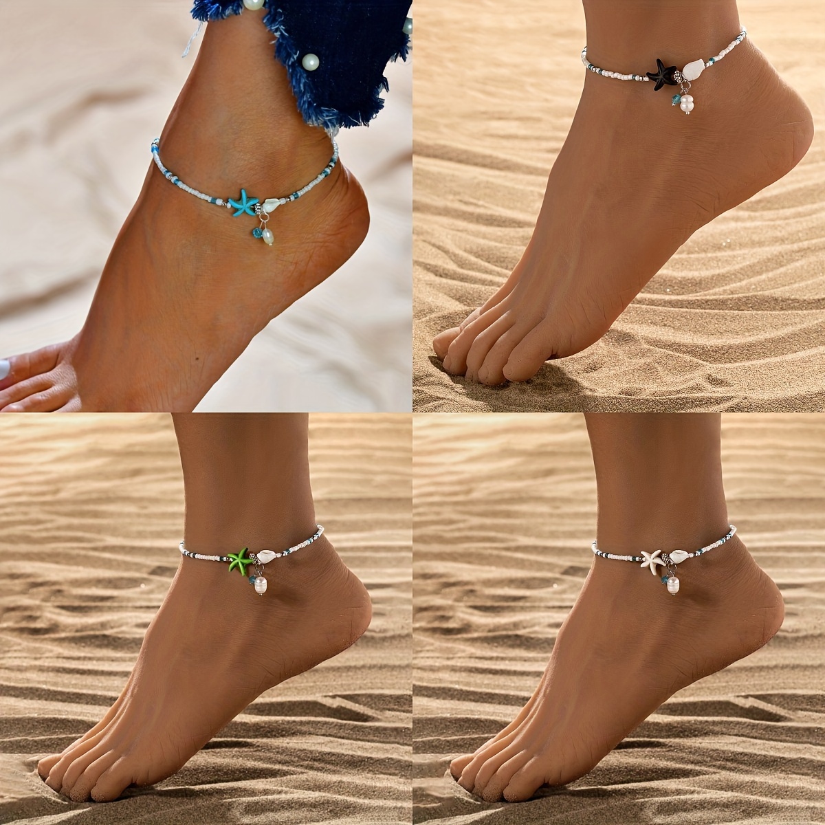 

4 Pieces Of Starfish, Seashells, Beach Ankles, Conch Ankles Set