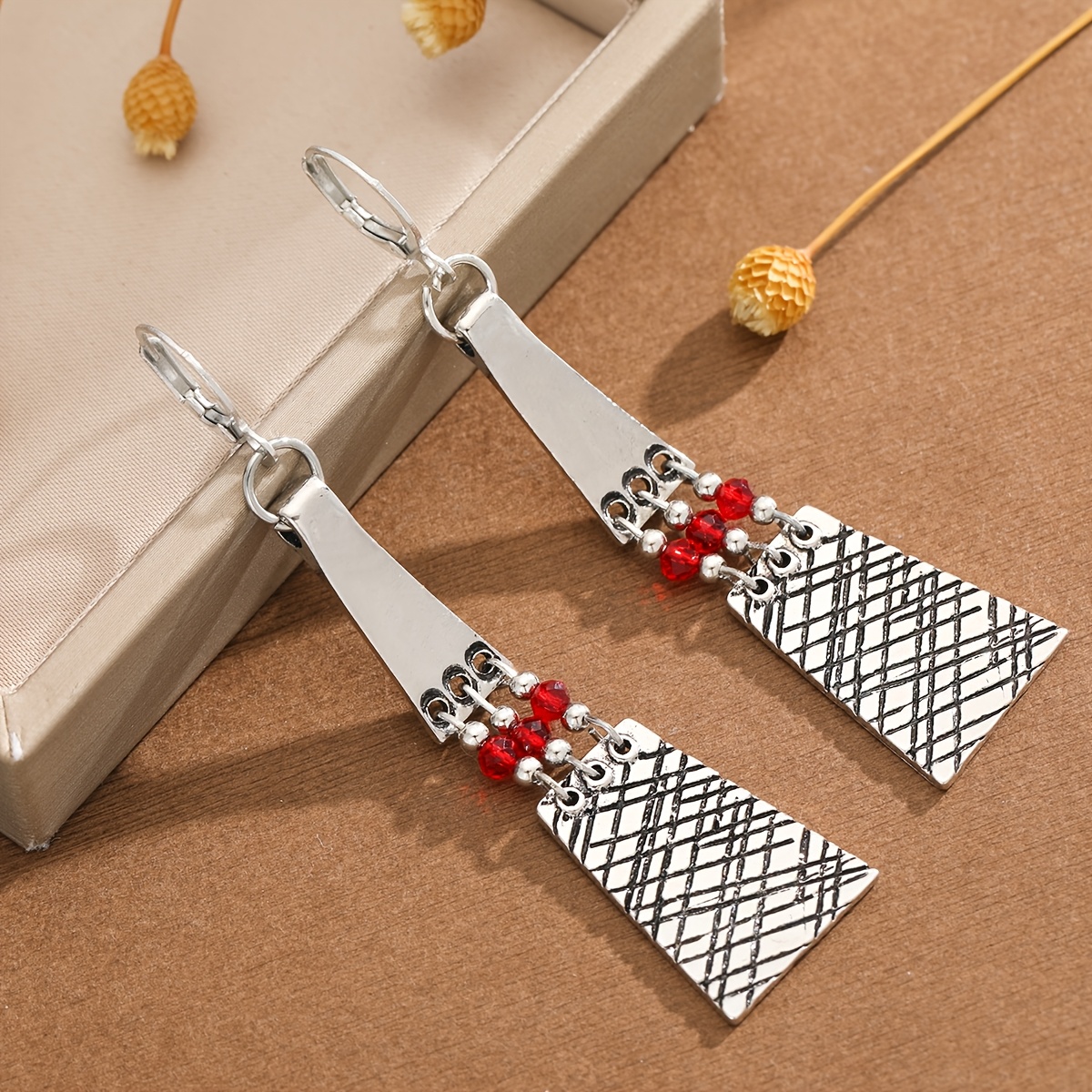 Women's Vintage Distressed Plaid Beaded Tassel Earrings