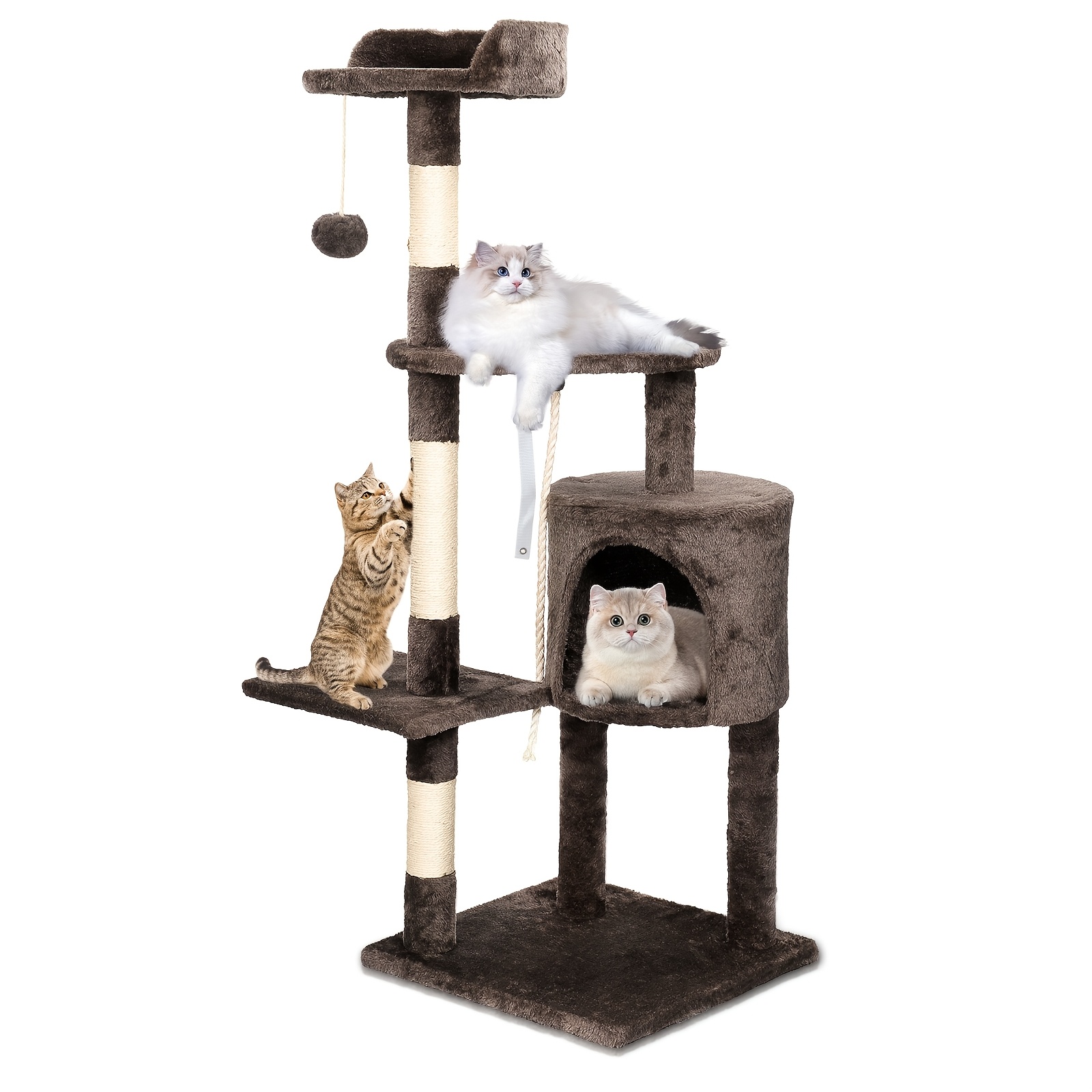 112cm Cat Tree With Cat House & Scratching Post - Sturdy Sisal & Plush Pompom, Easy Assembly For Eu Home, Brown, Grey