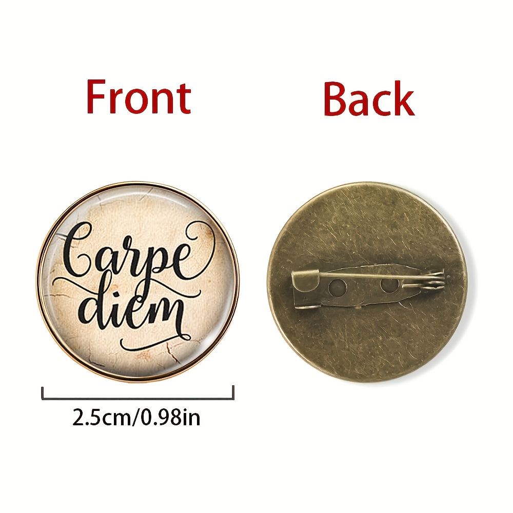 Vintage 'Carpe Diem' Round Brooch Pin, Classic Brown