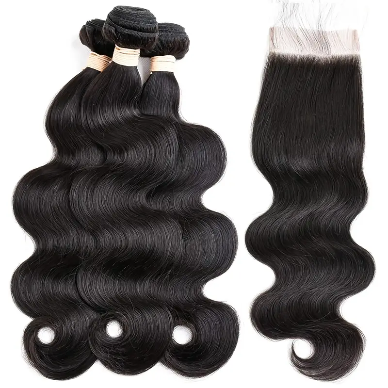 brazilian body wave human hair bundles with lace closure human hair body wave hair bundles with closure 4x4 lace free part natural black hair details 3