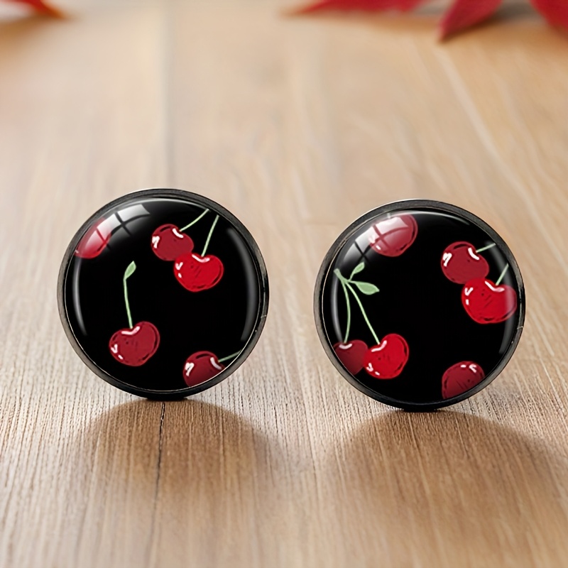 1 Pair Black Stud Earring Round Glass Cabochon Earrings Handmade Jewelry, Without Battery