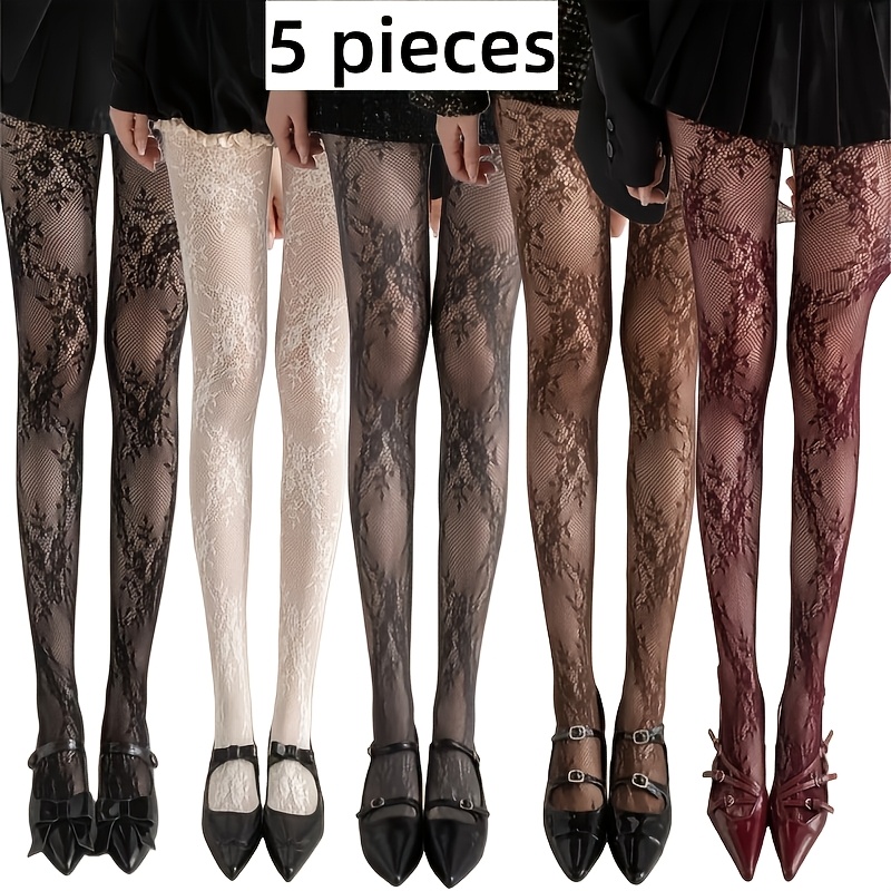 Image of 5-pair Pack Patterned Hollow-out Vintage Lace Jacquard Floral Hot Fishnet Stockings, High-stretch Anti-snag Sheer Thin Tights