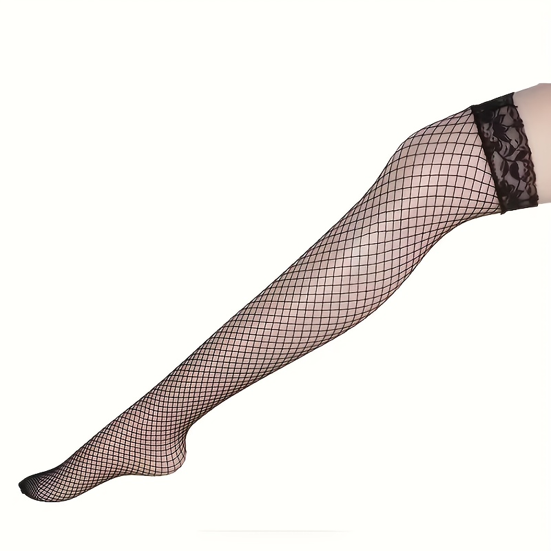 TEMU 1 Pair - Women's Elegant Long Fishnet Stockings With Lace Trim - Solid Colors (pink, Red, Black, White) - Sheer Tights Suitable For Parties And