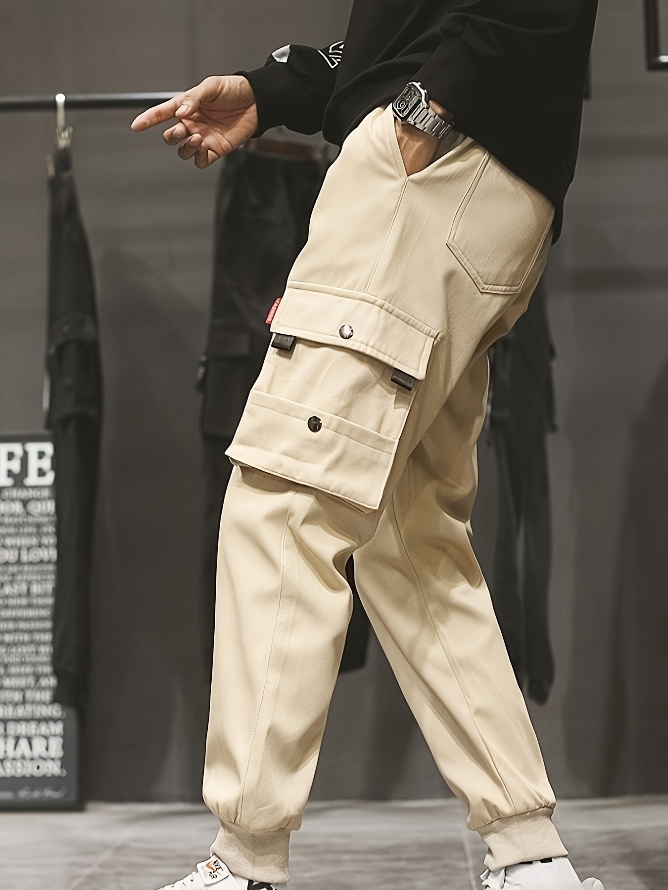 trendy cargo pants, men's multi flap pocket trousers, loose