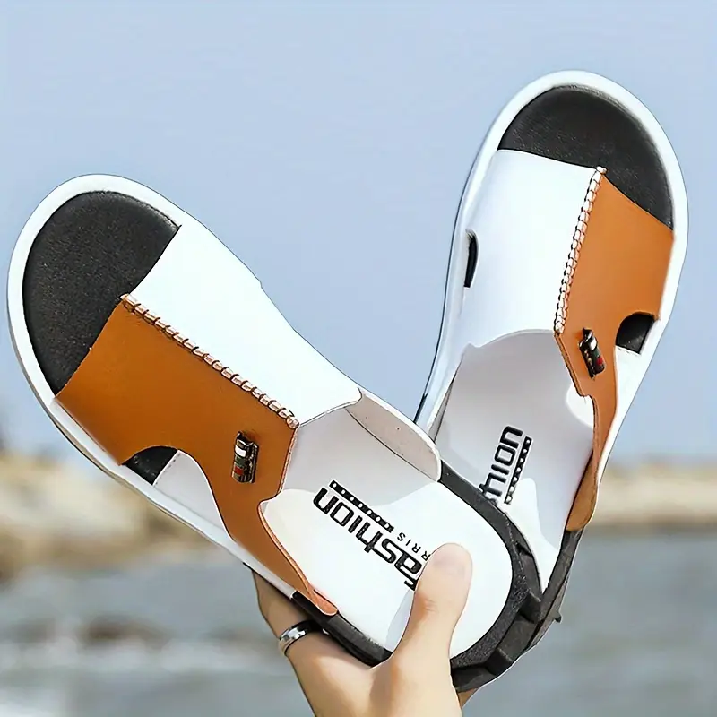 mens color casual slides with microfiber leather casual non slip open toe for indoor outdoor walking spring and summer details 0