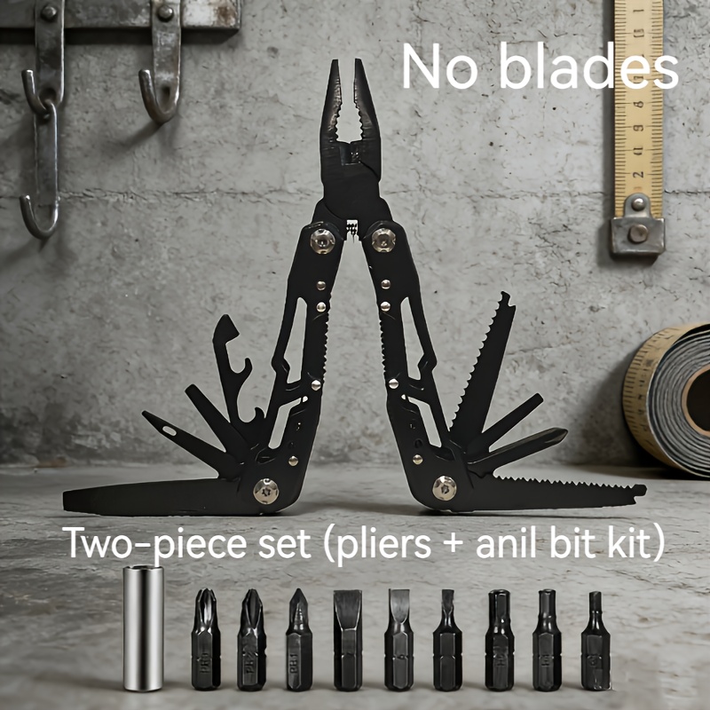 Image of 1 Set Of All-black Multi-functional Folding Tool Pliers, Packaged Oxford Cloth Bag For Easy Portability. For Outdoor Camping, Edc (), And Emergency Repairs (without Knives).
