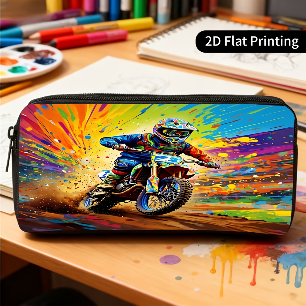 TEMU 1 Trousse à Crayons Grande sur le Thème de la Moto, Adaptée pour , Rangement de Fournitures - Boîte à Crayons Design Course de Moto Style , pour
