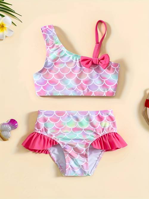 girls one shoulder strap bow bikini swimsuit