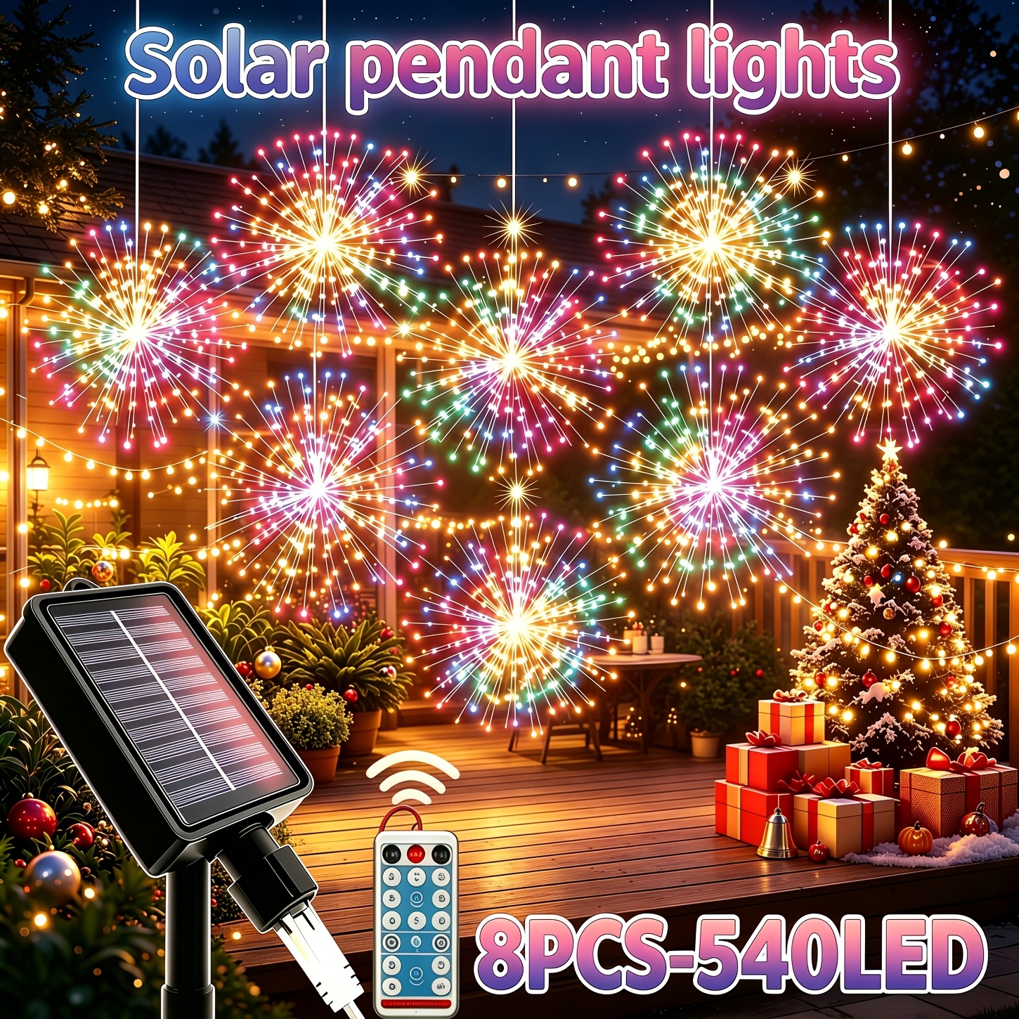 TEMU 8pcs Solar Outdoor Fireworks Pendant Lights, 620/540pcs Led Solar Starburst Ball Lights, Christmas/halloween Decorative Lights, Ip44, 12 Of