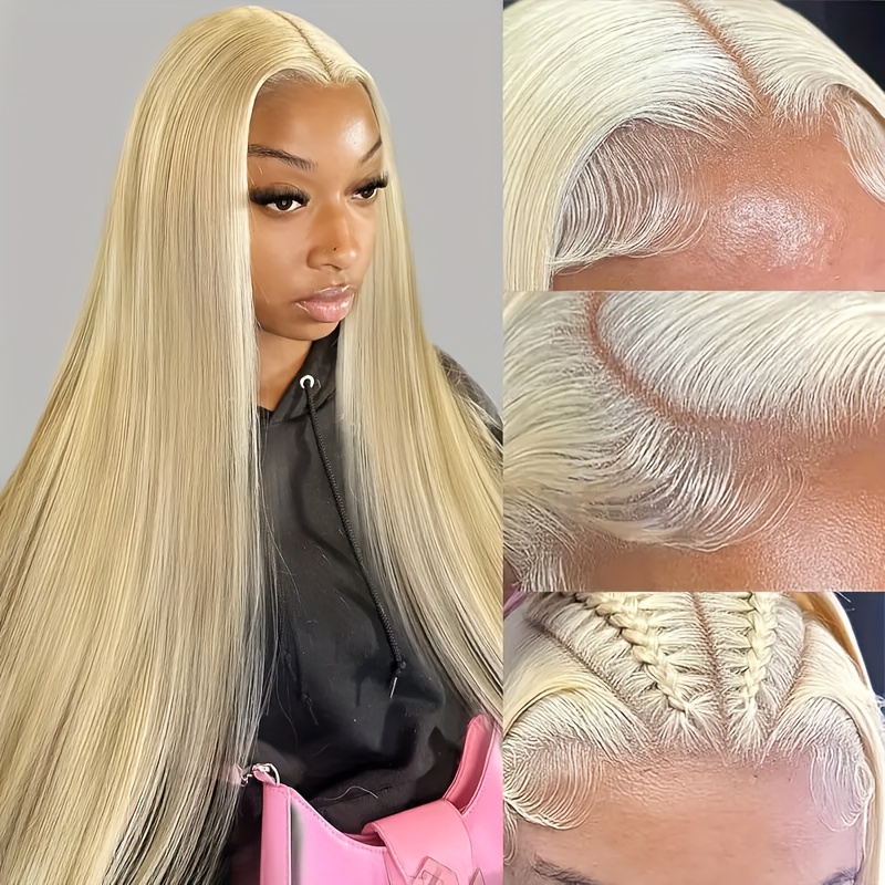 613 lace front wig human hair straight 30 inch blonde color  display picture 2