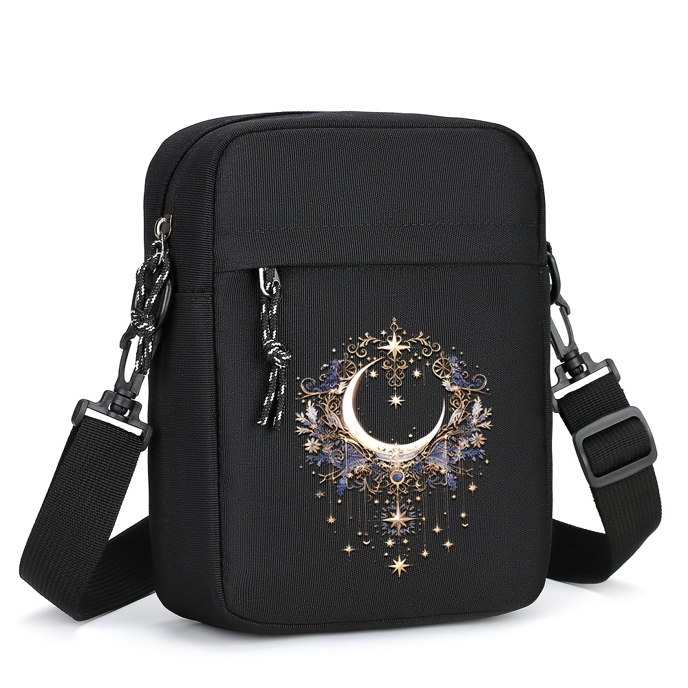 

Women's Casual Oxford Crossbody Bag, Large Capacity Vertical Shoulder Bag With Adjustable Strap, Zipper Closure, Polyester Lined, Moon Phases Print, For Daily - Black