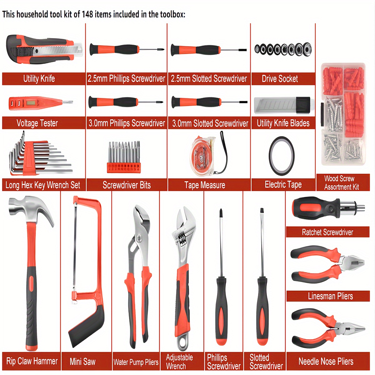 148pcs home tool kit complete hand repair set with portable case ratchet screwdriver pliers wrench tester perfect gift for diy enthusiasts men women red Product details 6