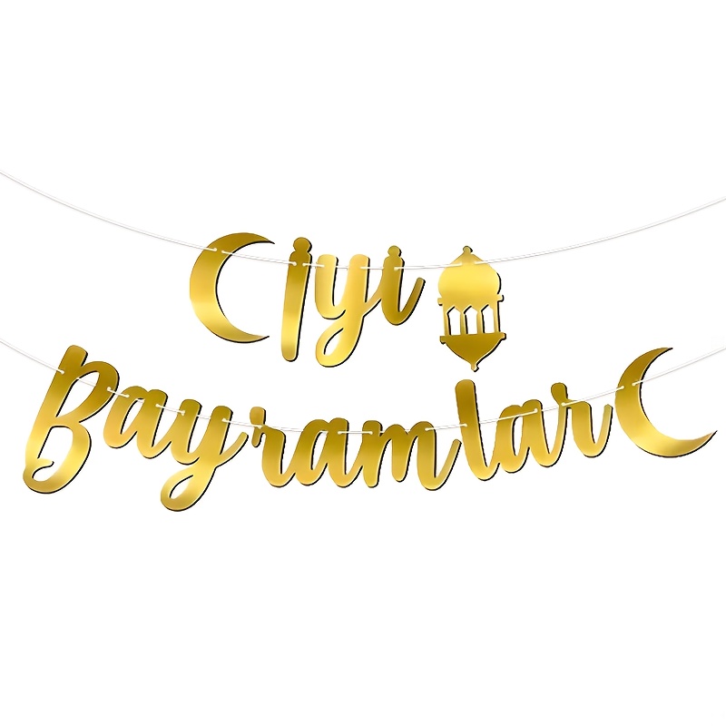 1pc Turkish Language Turkish Ramadan Banner, Sparkling Golden Eid Banner, Happy Eid, , Ramadan Mubarak Decor, Eid Wreath Decoration, Party Decoration For Eid Hanging, Ramadan Festival Party Decoration