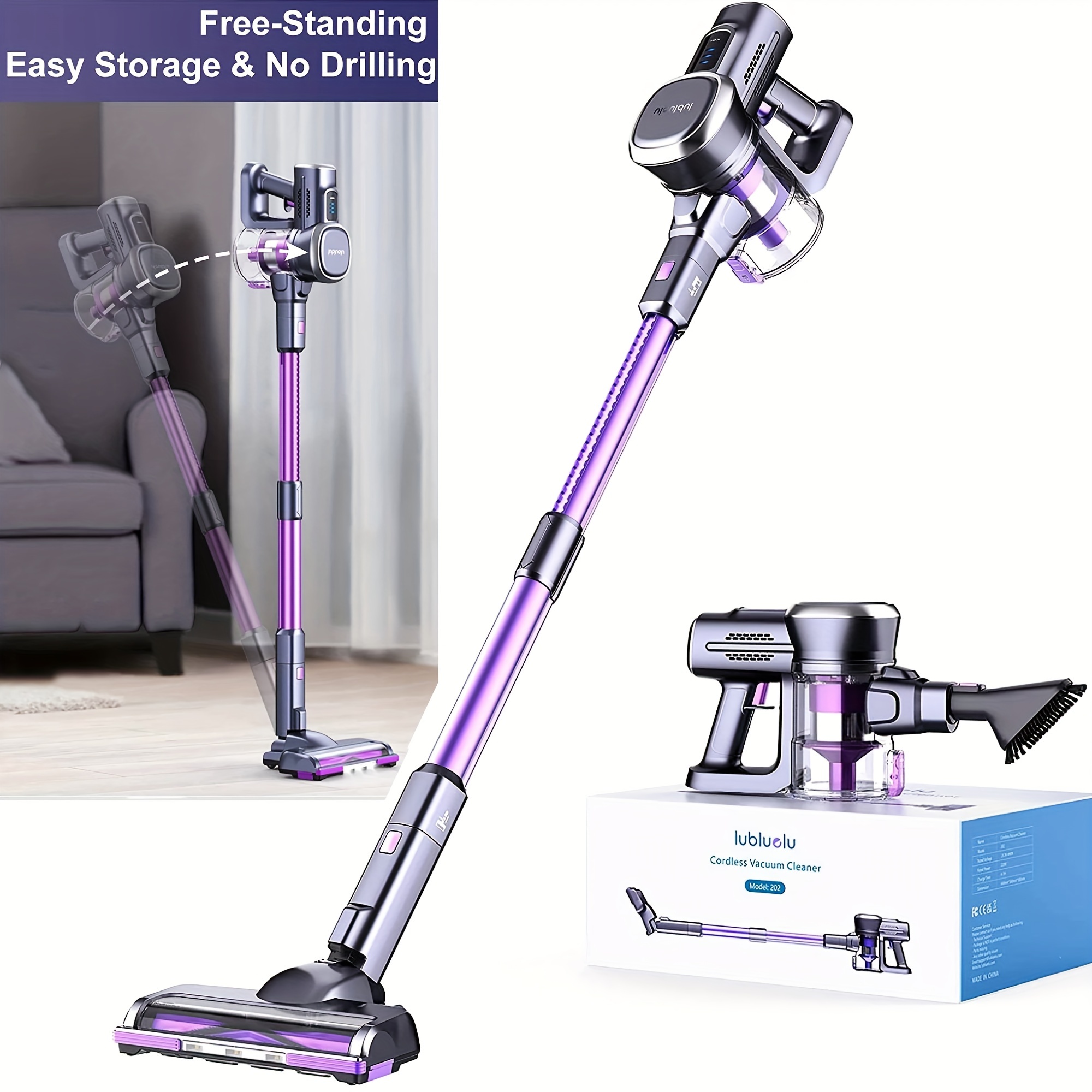 

Aspirateur balai fil 25KPa, Lubluelu 202 puissant et léger 6 en 1 pour tapis, sol et poils d'animaux