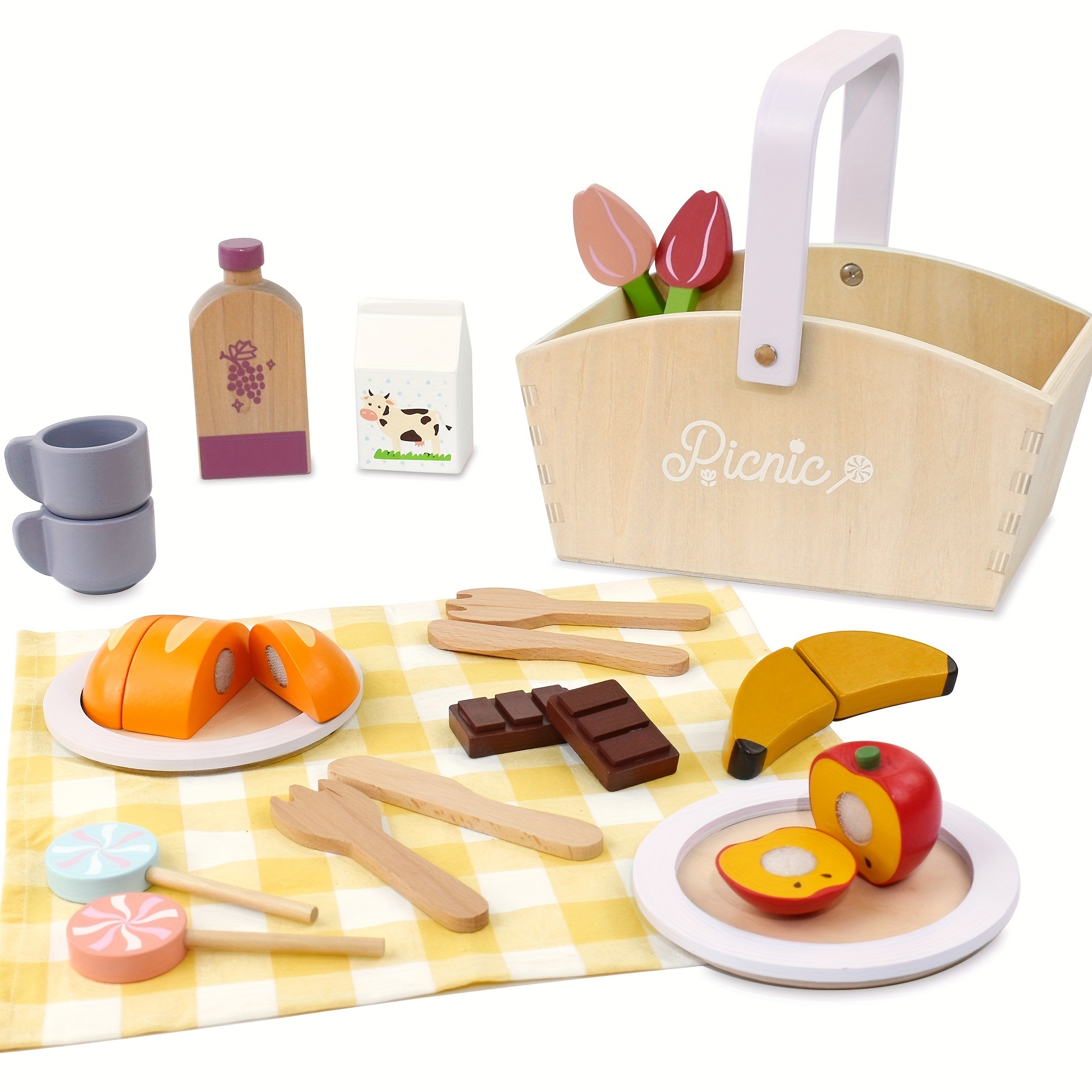 

Wooden Picnic Basket Playset Toy, Pretend Play Food Sharing Playset With Cutting Fruits, Kids Imagination Play For Girls Boys Toddlers 3 Years Old And Up