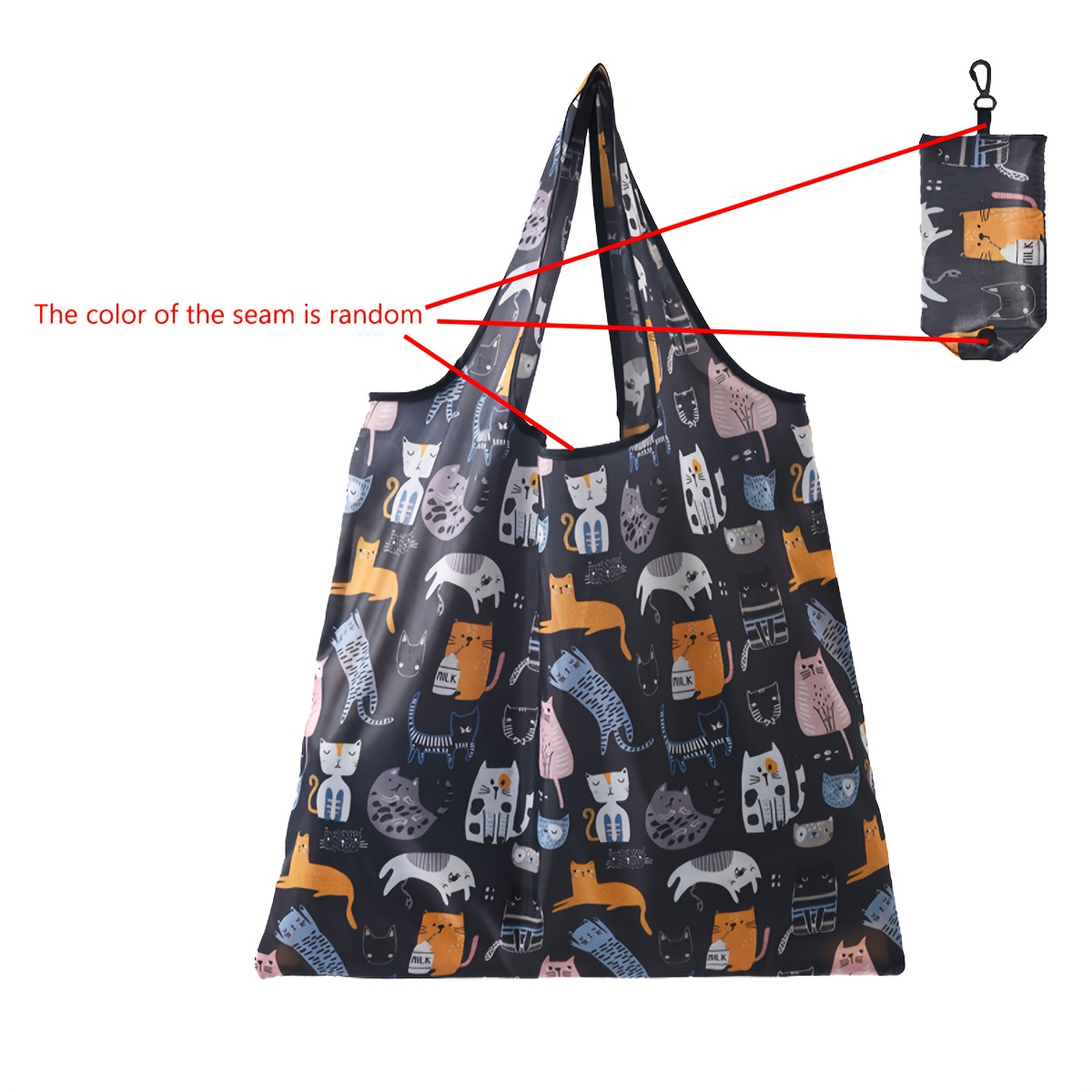 1pc Black Cat & Heart Print Reusable Polyester Tote Bag - Heavy Duty Foldable Grocery Shopping Bag With Cute Cat Faces, & Bows, Hand Washable Casual Tote For Women, Men, Everyday Use (multicolor)