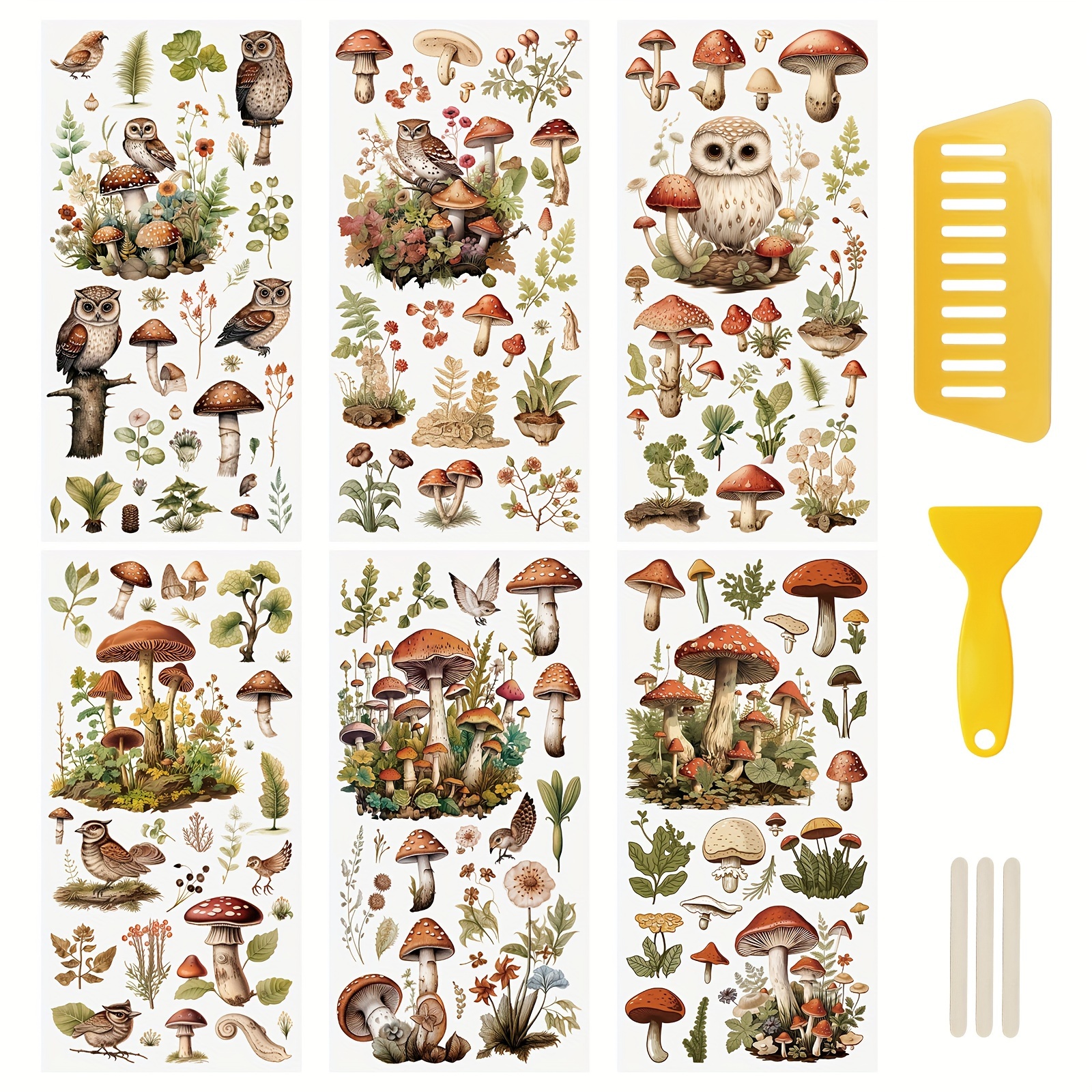 

6 Sheets Rub On Transfer Stickers, Owl Decals Mushroom Stickers Plant Stickers Waterproof Decals For Furniture Windows Craft, 12 * 6in