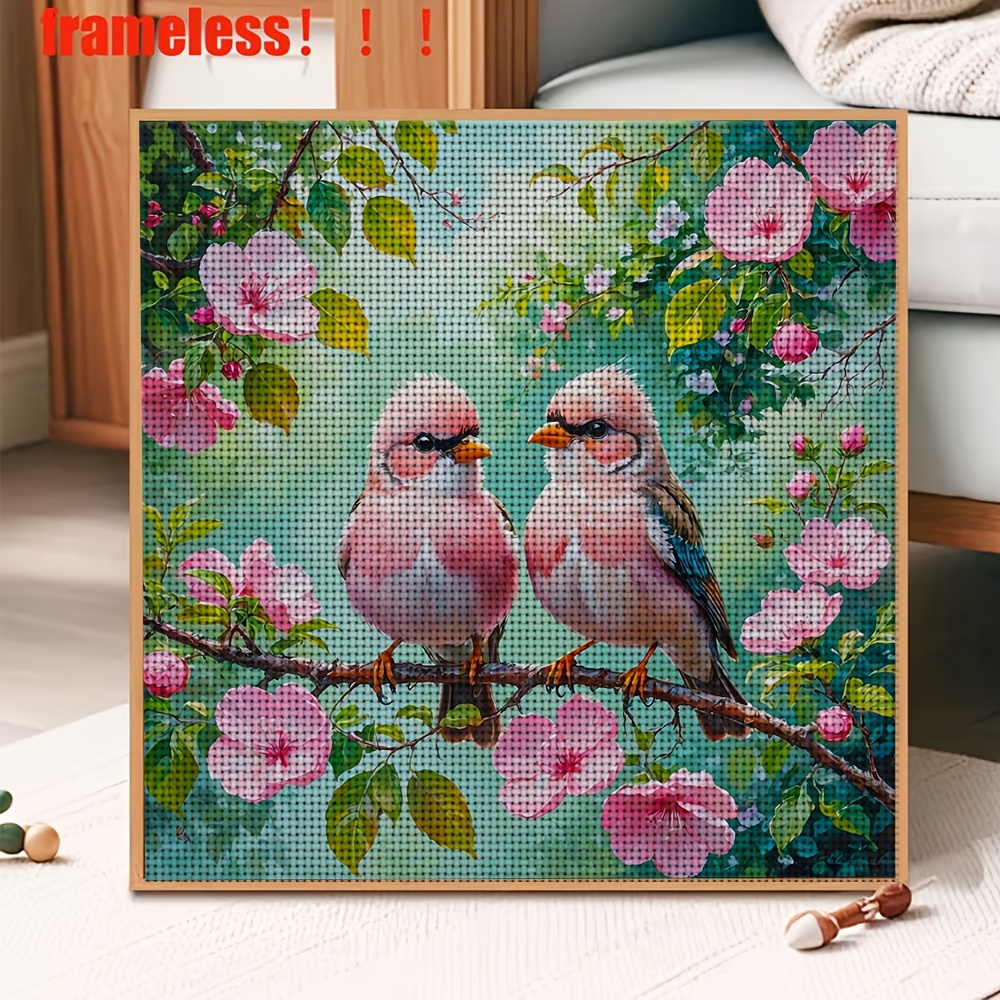 New Cross Stitch Printed Kit, Frameless 'Two Birds Perching on Pink Flowers' Pattern