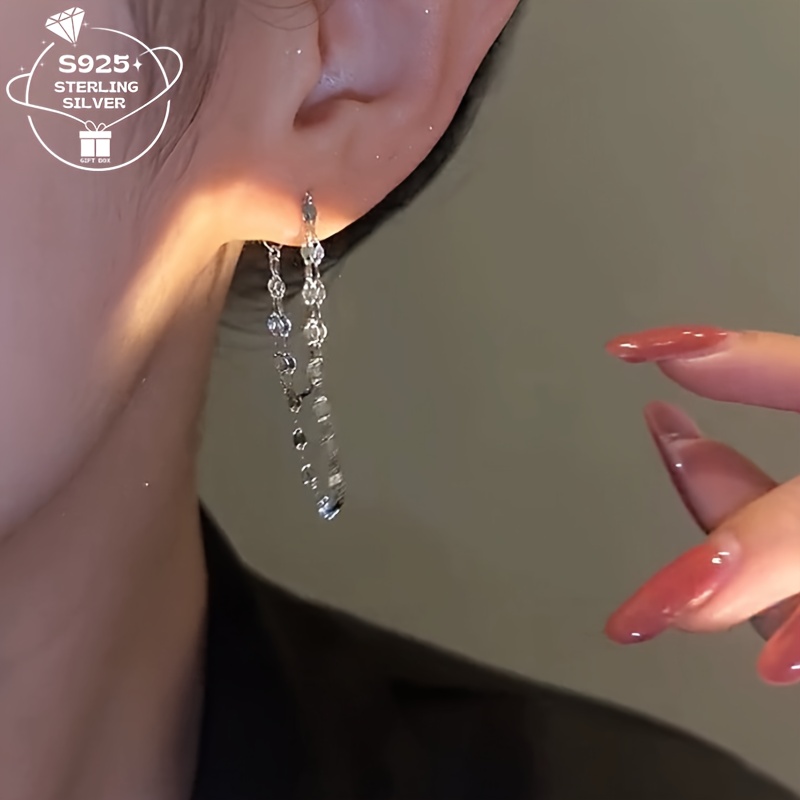 elegant 925 sterling silvery double layer chain tassel earrings hypoallergenic reversible design for   gift for any occasion lip stud festival gift details 0