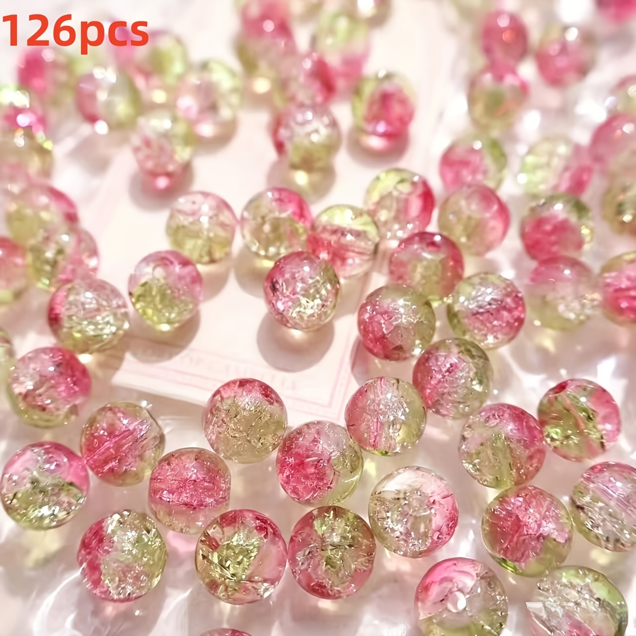 TEMU 126pcs 8mm Crack Glass Beads Suitable For Jewelry Making - Pink Green White Gradient Marbled Glass Beads With Crackle Texture, Diy Bracelet
