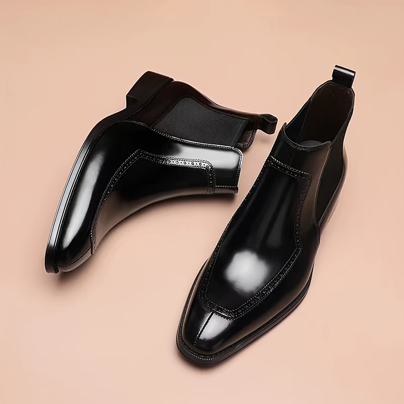 Men's Slip-On Boots - Durable Rubber Sole, Black Ankle Boots with Pointed Toe & Elastic Band, All-Season Casual Street Style Shoes