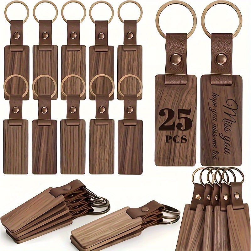 

25pcs Dofiki Wood Keychains With Leather Straps - Blank Tags For Diy Crafts & Gifts, With Engraving Option