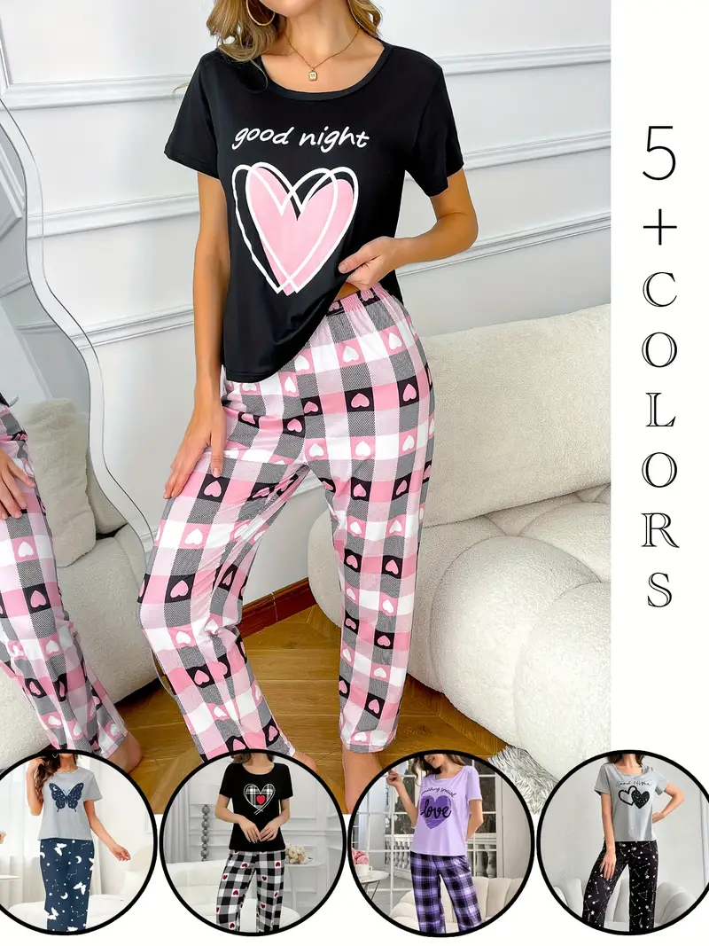 round neck pullover printed short sleeved trousers set home clothes outside Product details 2