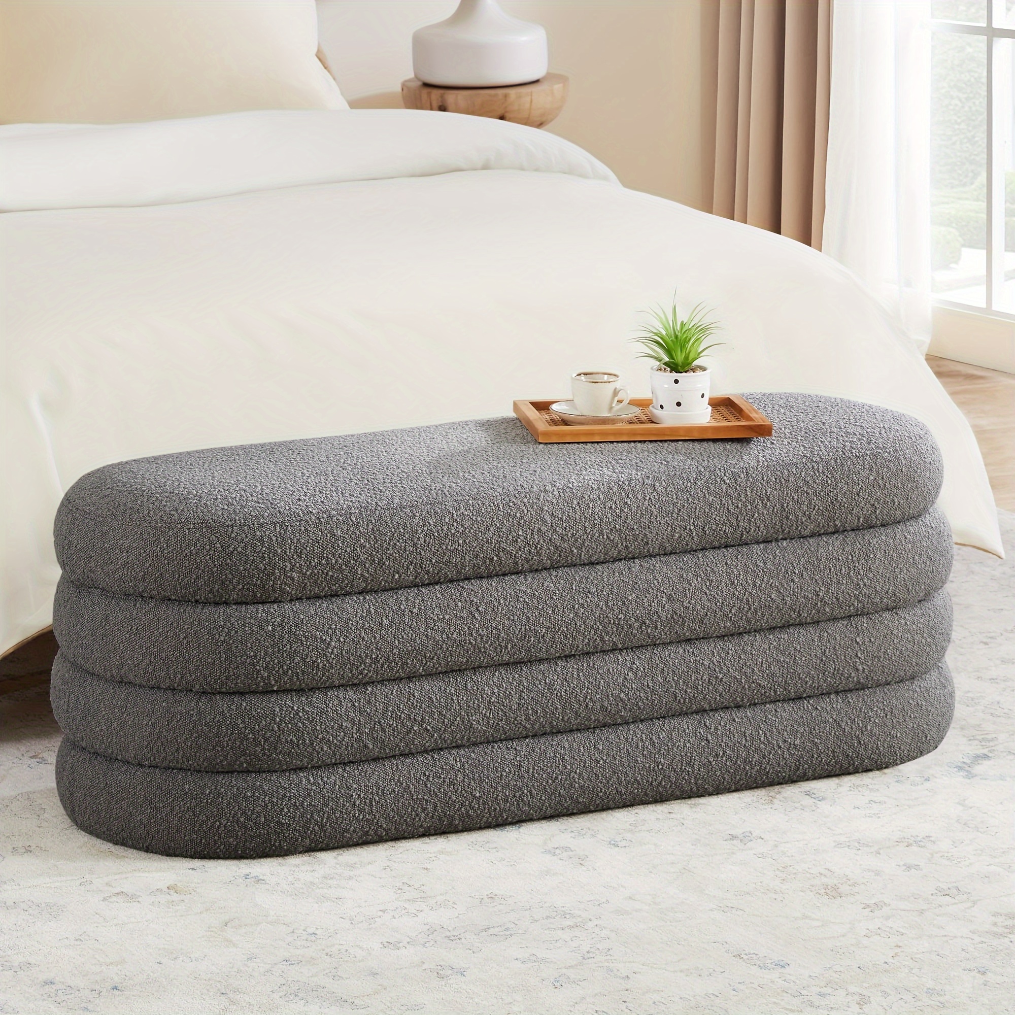 Storage Ottoman Bench 49.2 Inch Upholstered Fabric Storage Bench for Bedroom End of Bed Aesthetic Large Oval Storage Ottoman for Living Room Entryway