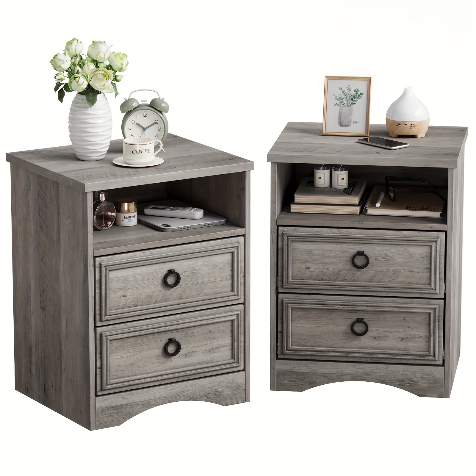 

Nightstand Set Of 2, End Table With 2 Storage Drawers And Open Shelf, Bedside Table For Bedroom, Dorm, Side Table For Living Room, Closet, Entryway, Gray