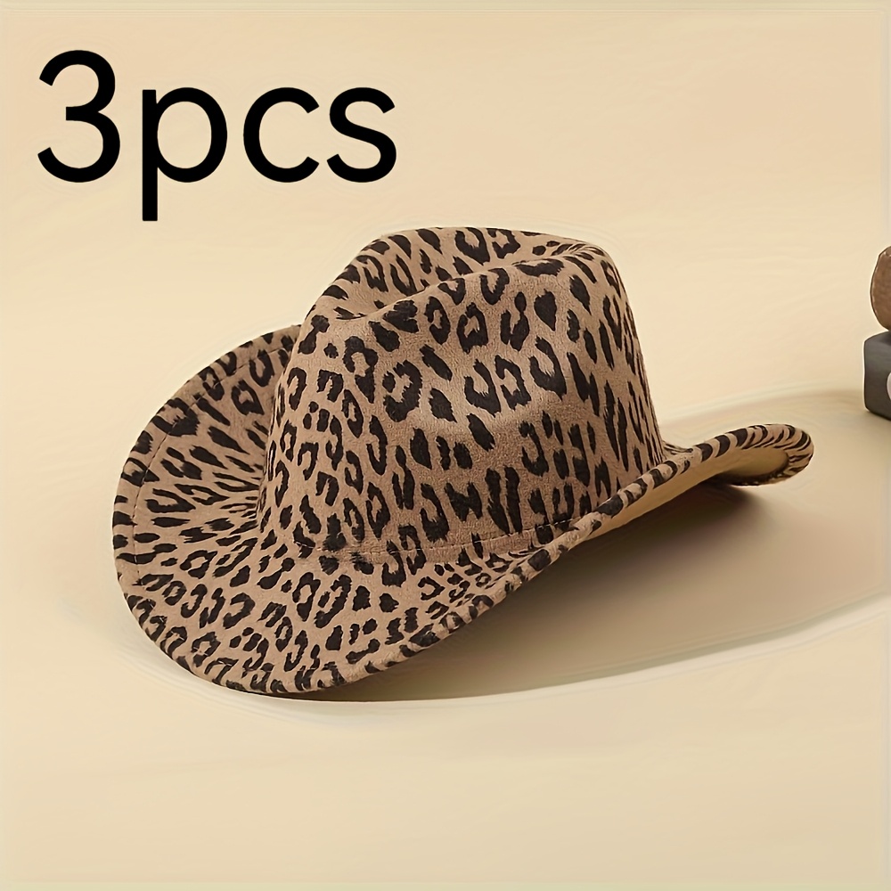 TEMU 1/2/3pcs Western Cowboy Hats For - Classic Minimalist Leopard Print Wide-brim Cowboy Hats