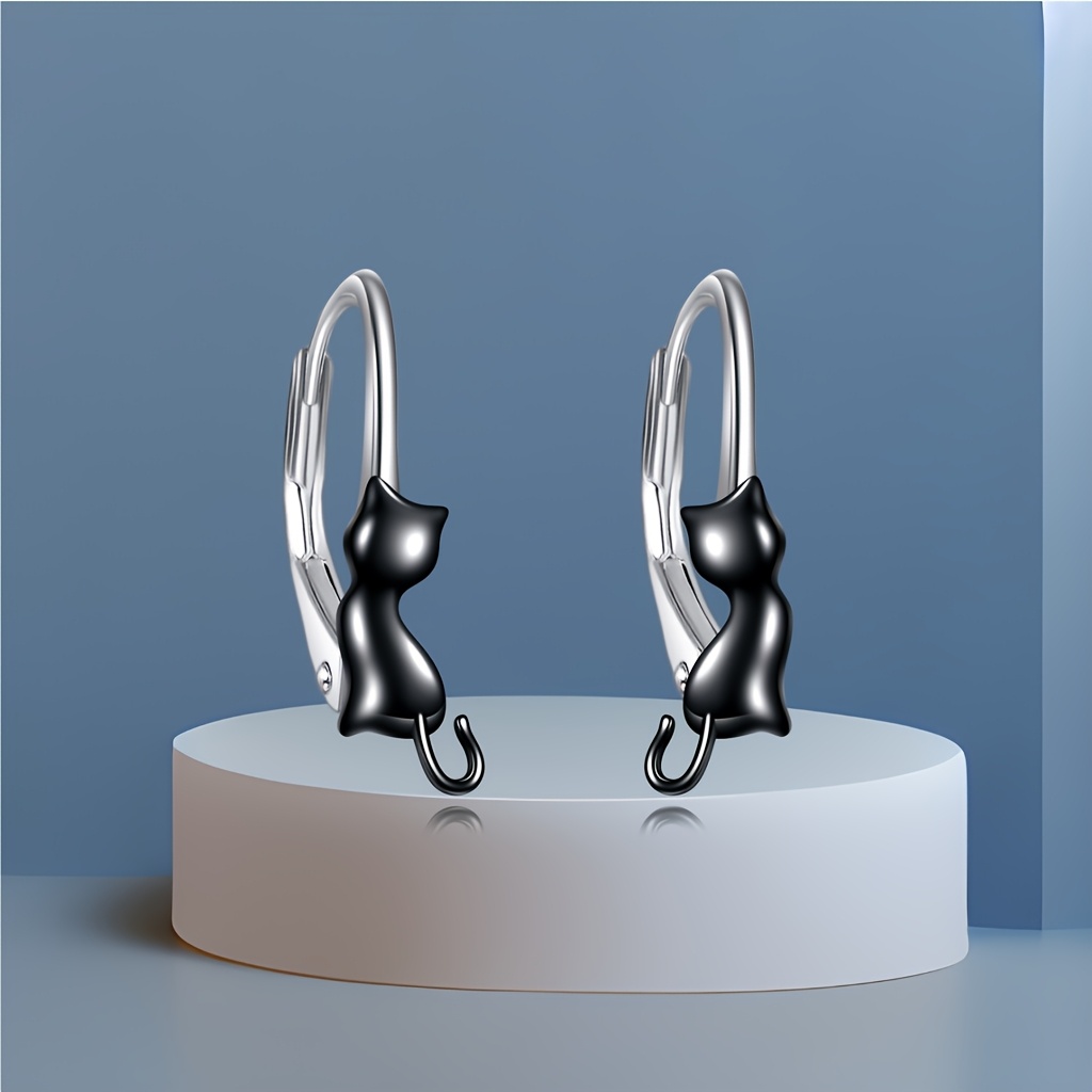 Sterling Silver Cat Hoop Dangle Earrings