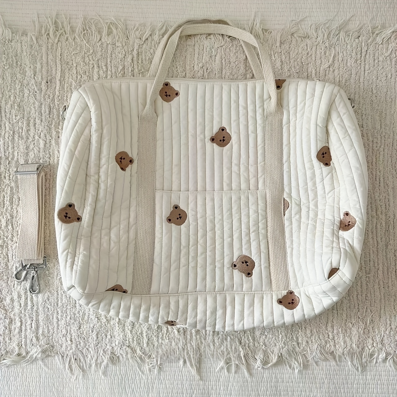 TEMU Large Capacity Quilted Parent Bag With Cute Bear Embroidery - Durable Polyester, Lightweight Travel Duffel & Diaper Organizer With Multiple Compartments, Ideal For Maternity, Entry Storage, Bag