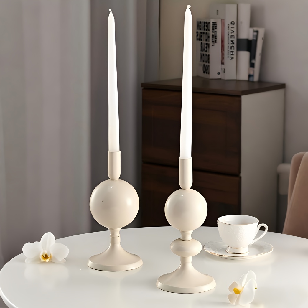 2pcs Set of Modern Spherical Candlesticks, Cream + Sage Green Matte Metal Long-stem Candle Holders, Versatile Tabletop Decorative Ornaments for Dining Tables, Coffee Tables, Weddings, and Parties