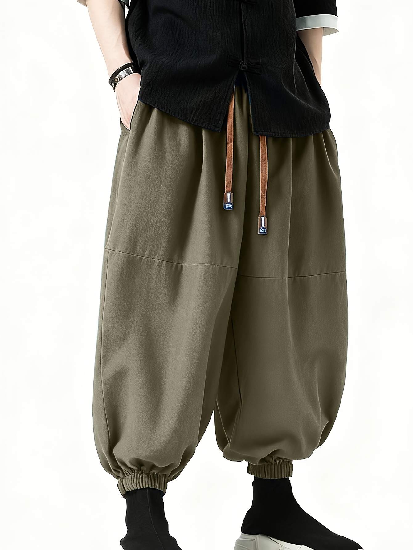 item picture loose fitting large size mens pants with elastic waist tapered harem pants casual 9 point trousers for men
