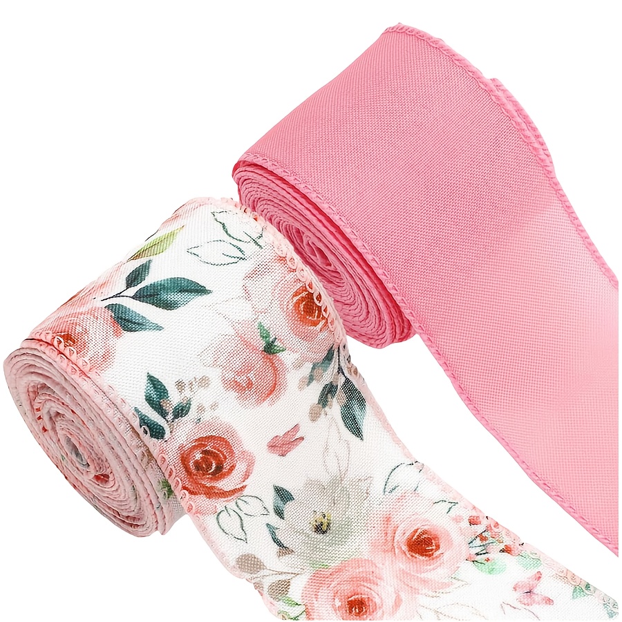 TEMU 2 Rolls 2.5inch Pink Rose Flower Wired Edge Ribbon | Watercolor Floral Craft Fabric Ribbon For Spring Wreath Bow Wrapping Party Decor, Polyester