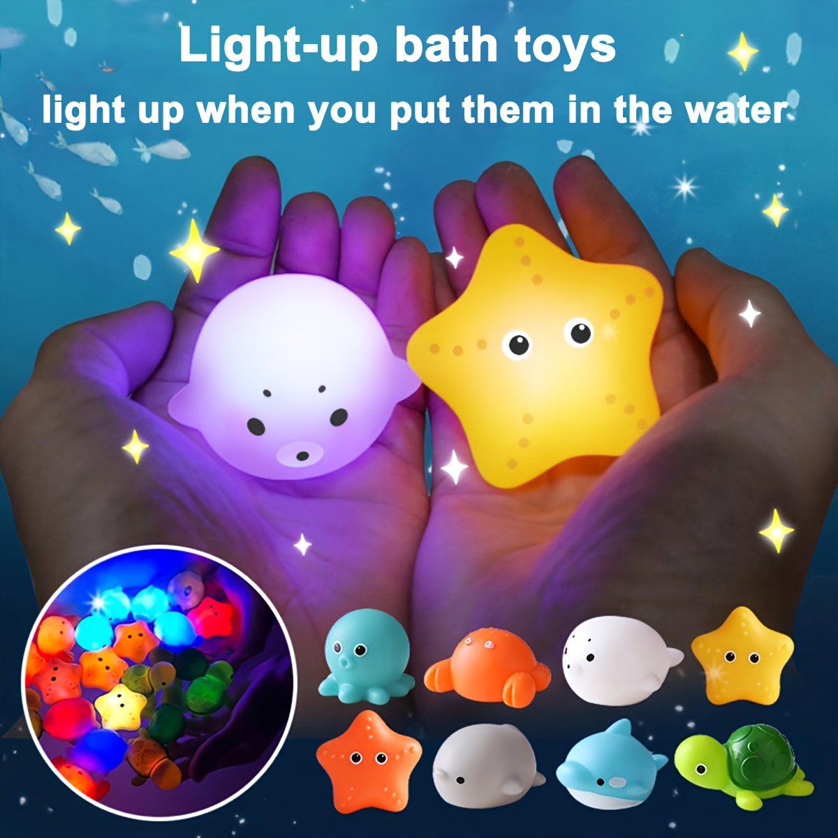 TEMU 6/8pcs No Hole Bath Toys, Light Up Sea Animals Set, Glitter Colorful Bathtub Toys, Bathtub Floating Water Toys, Great Gifts For Bathroom Water