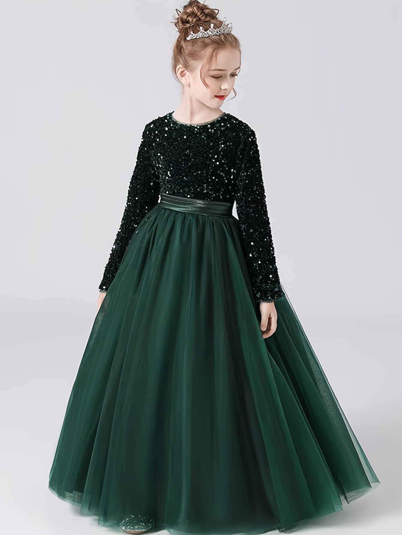 green emerald velvet dress Long Sleeve Ball Gown Jewel Neck Lace Tulle Wedding Party Flower Girl –  27dress main image 1