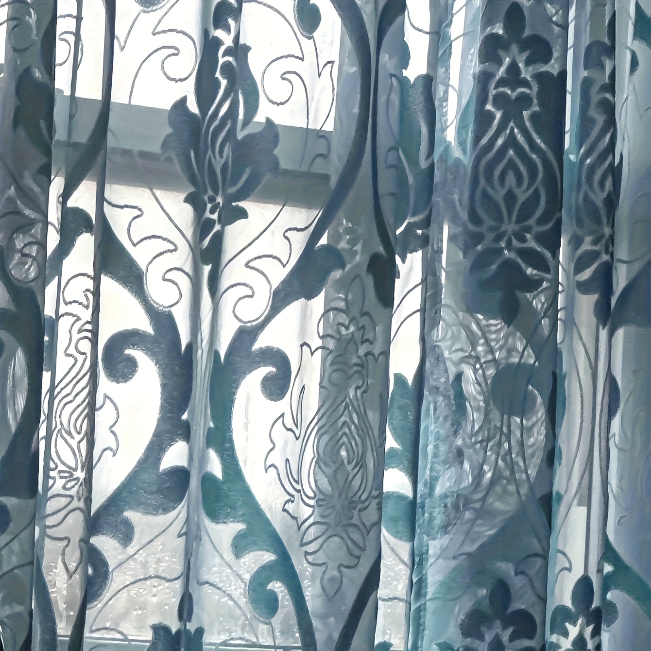 TEMU 1pc Blue Bohemian Floral Jacquard Sheer Curtain - Rod Pocket Top, Semi- Filtering, 100% Polyester, Machine Washable, Intricate Room, Bedroom,