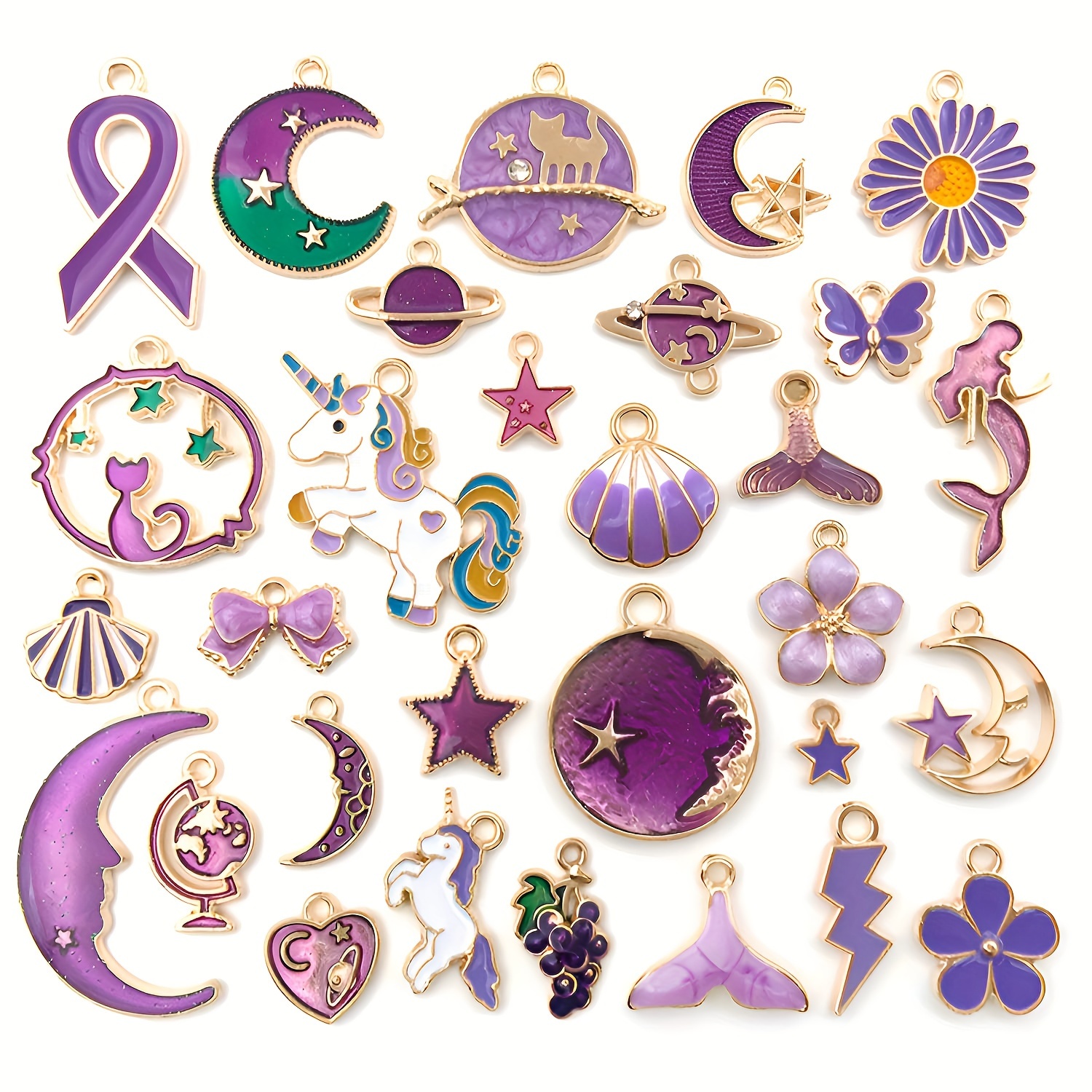 TEMU 31pcs Gorgeous Fresh Enamel Purple Charms, Metal Mermaid, Star, Moon Pendants, For Diy Bracelet Necklace Jewelry Making Accessories