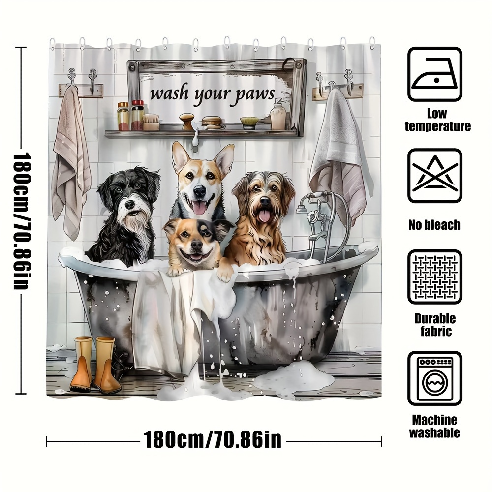 E-shop Duschvorhang mit Hundebade-Muster - Maschinenwaschbares Polyester-Badezimmerdekor mit Cartoon-Hunden im Badewannen-Design,