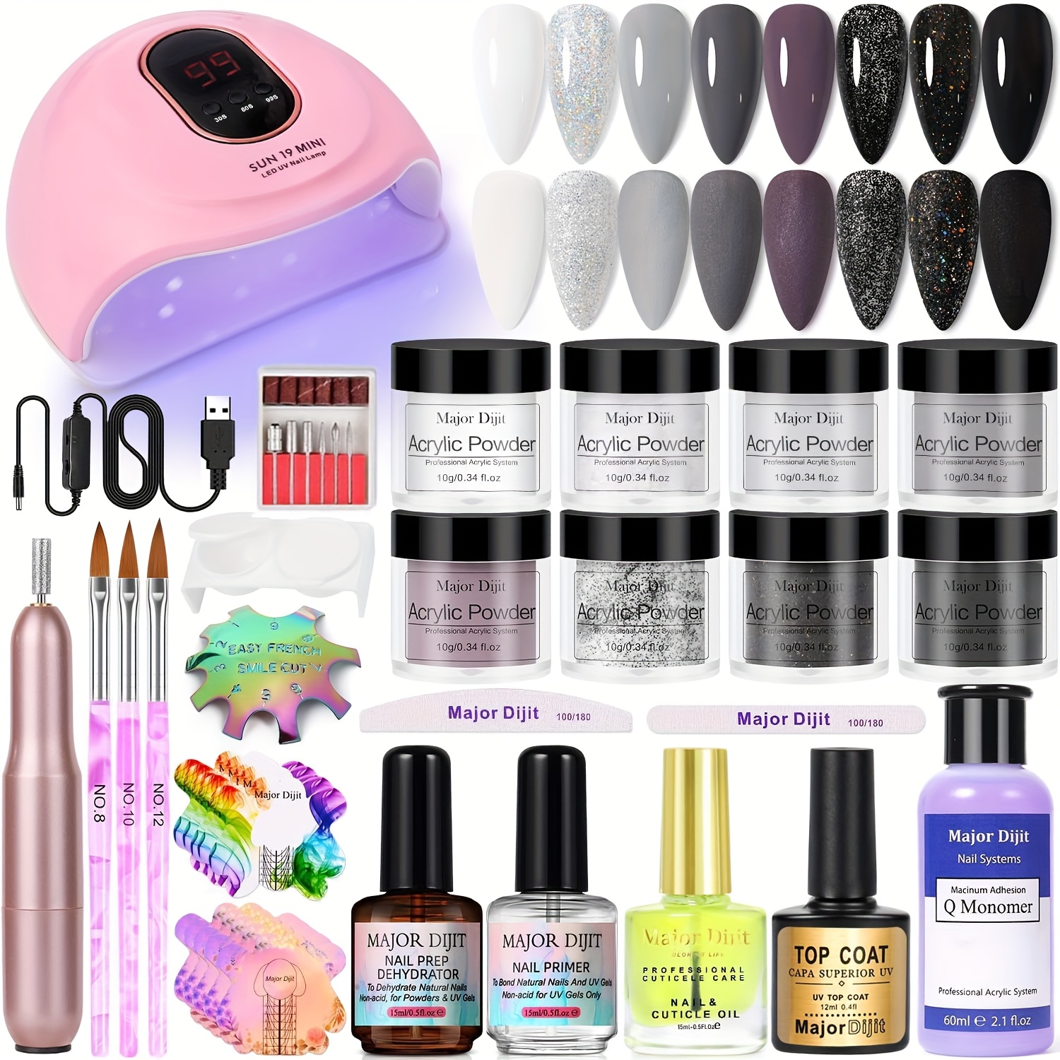 Image of Acrylic Nail Kit - 6 Colors Gray Acrylic Powder, 60ml Crystal Liquid, Nail Drill And Lamp, Professional Acrylic Nail Kit, Halloween Christmas Nail Decoration Kit