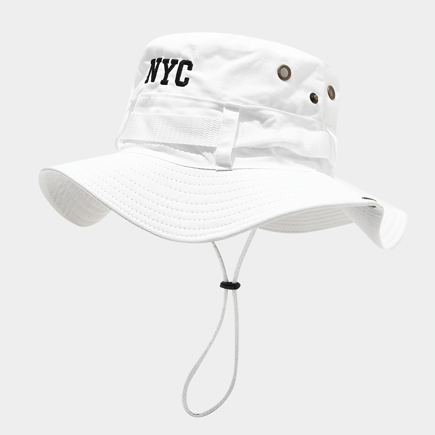 TEMU 1 Outdoor Fisherman Hat With Windproof Rope Unisex Nyc Letter Embroidery Breathable Large Brim Hiking Sun Hat Quick-drying Climbing Hat