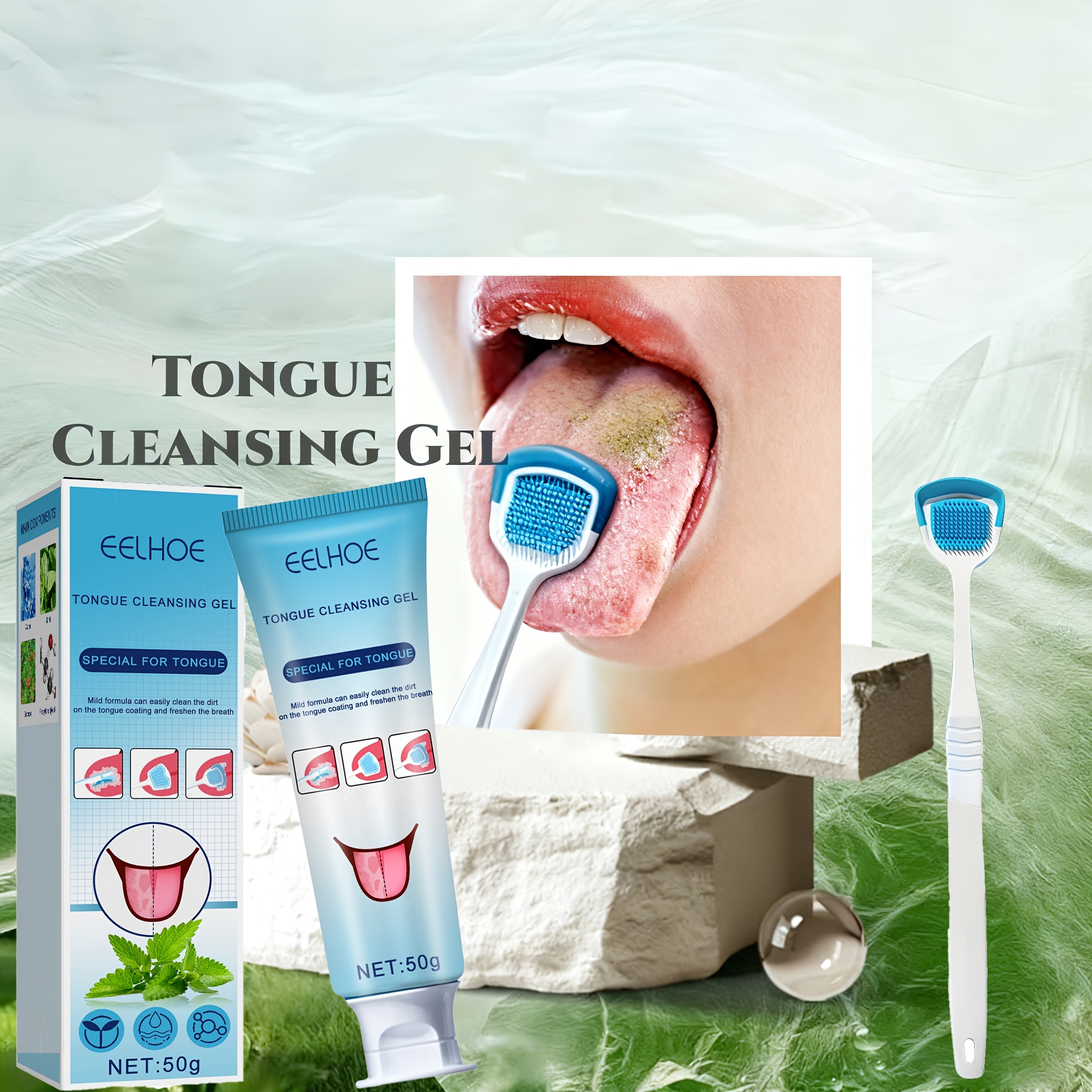 EELHOE Complete Tongue Cleaning Kit with 50g Gel & Tongue Scrubber - 12-Hour Fresh Breath, Daily Oral Care System, 12-Hour Long-Lasting Mint Taste, Plaque & Removal, Ideal Christmas & Thanksgiving Dental Hygiene Gift