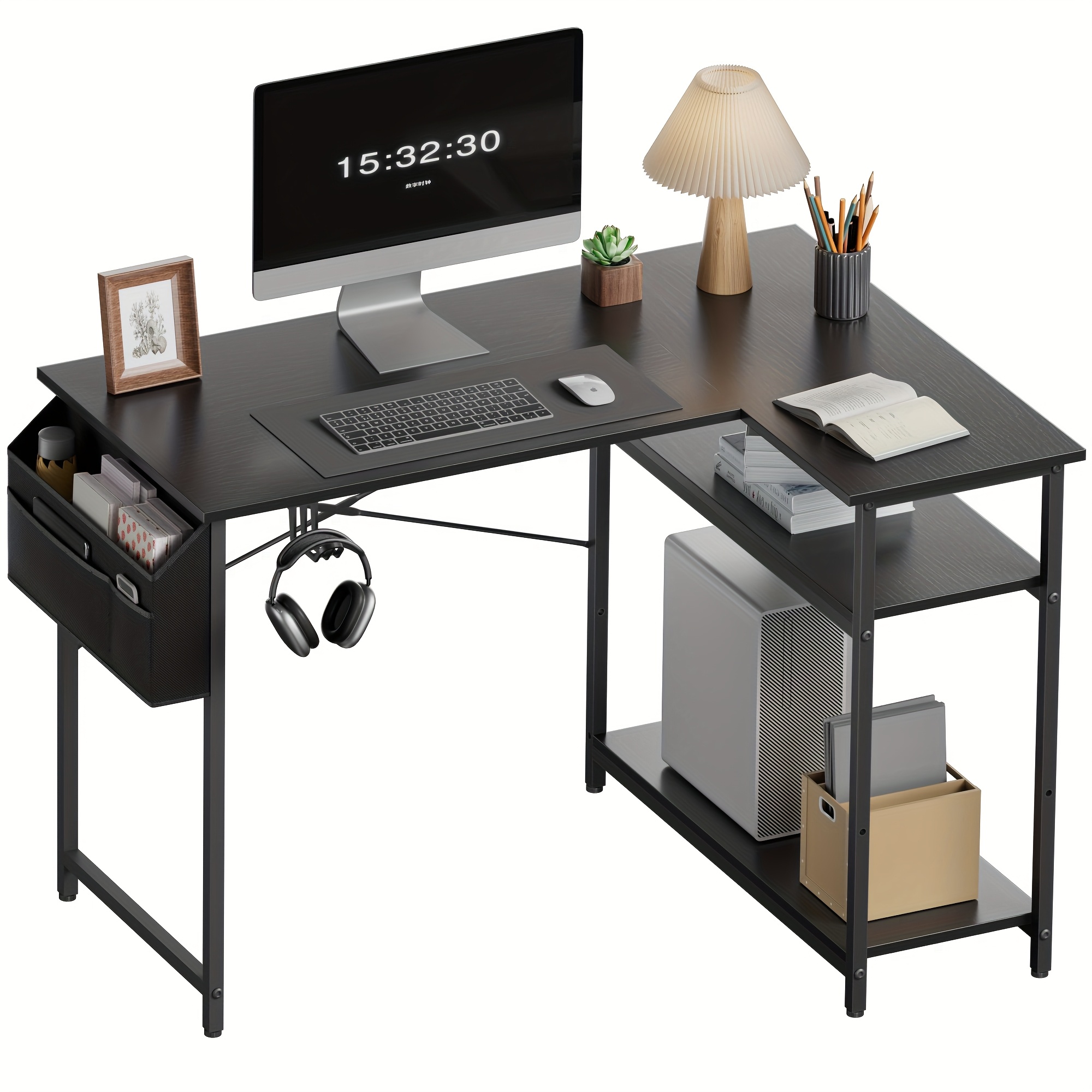 Image of Furnishia L-shaped Computer Desk With Cpu Holder And Storage Shelf, Gaming Desk With Side Storage Pocket, Corner Gaming Desk With Headphone Hook Design For Office, Workstation, And Bedroom