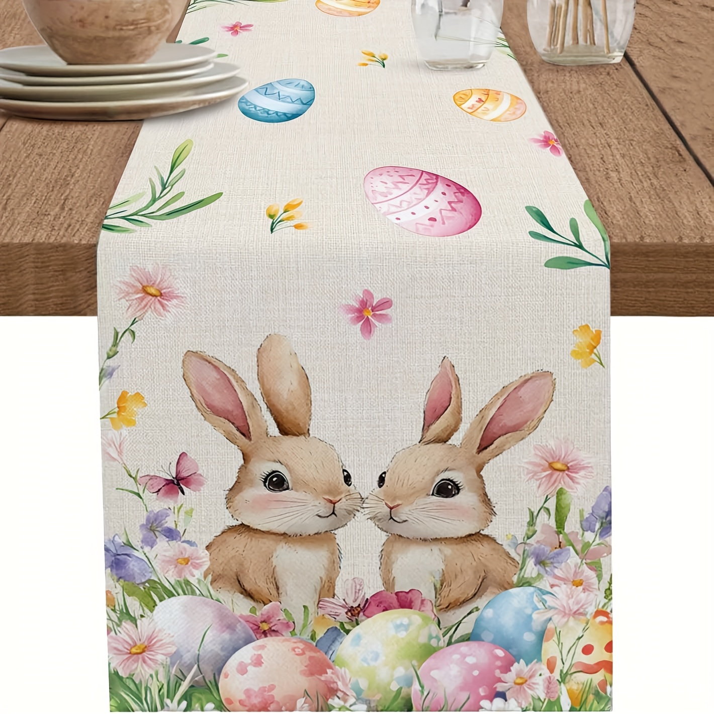 TEMU 1pc Easter Bunny Table Runner, Linen 100% Woven Rectangular, Washable, Festive & Colorful Eggs Design, Seasonal Centerpiece For Holiday,