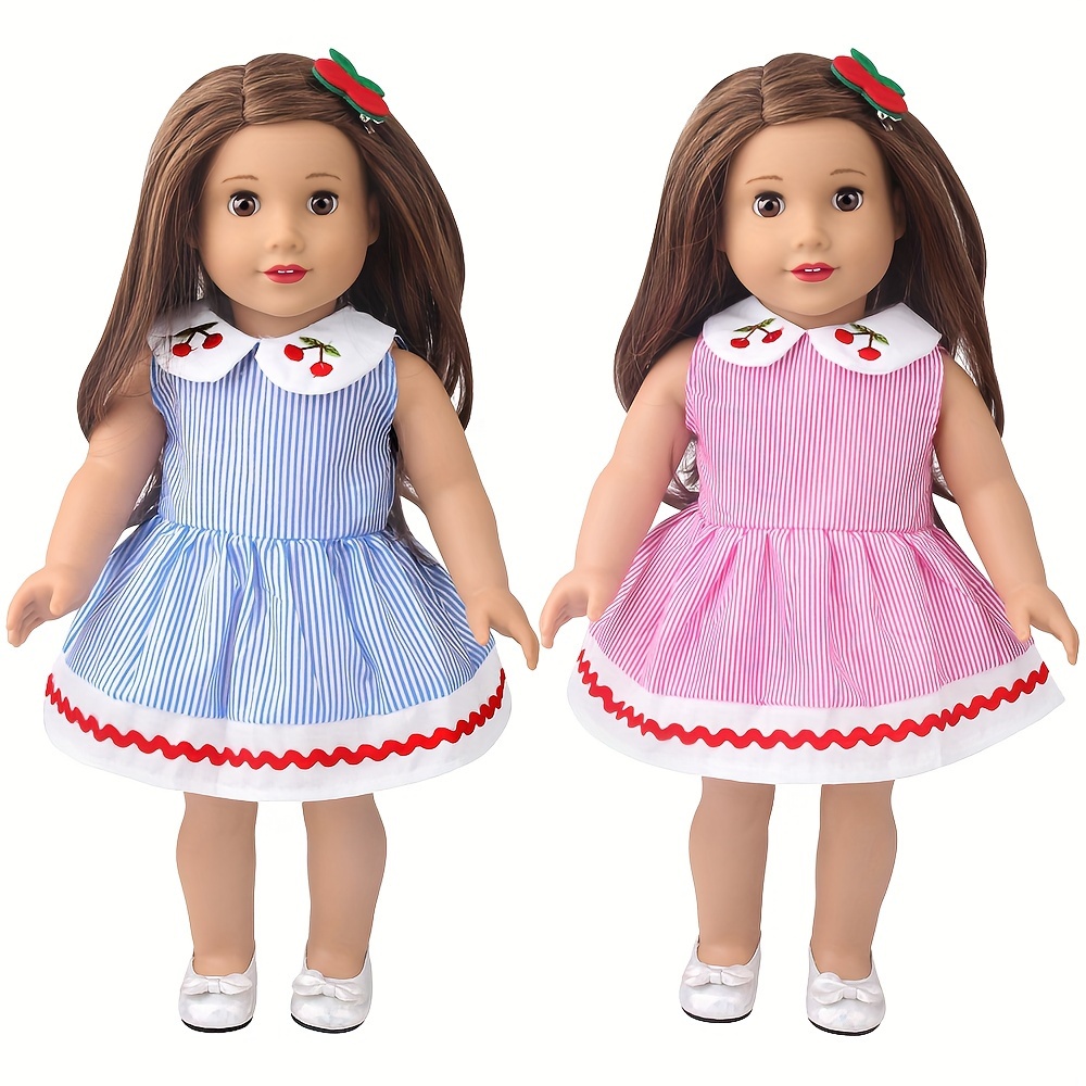 

18in Doll Dress, Doll Collar Embroidered Cherry Plus Hair Clip Striped Skirt, Hairpin Random, Doll Shoes Not Included