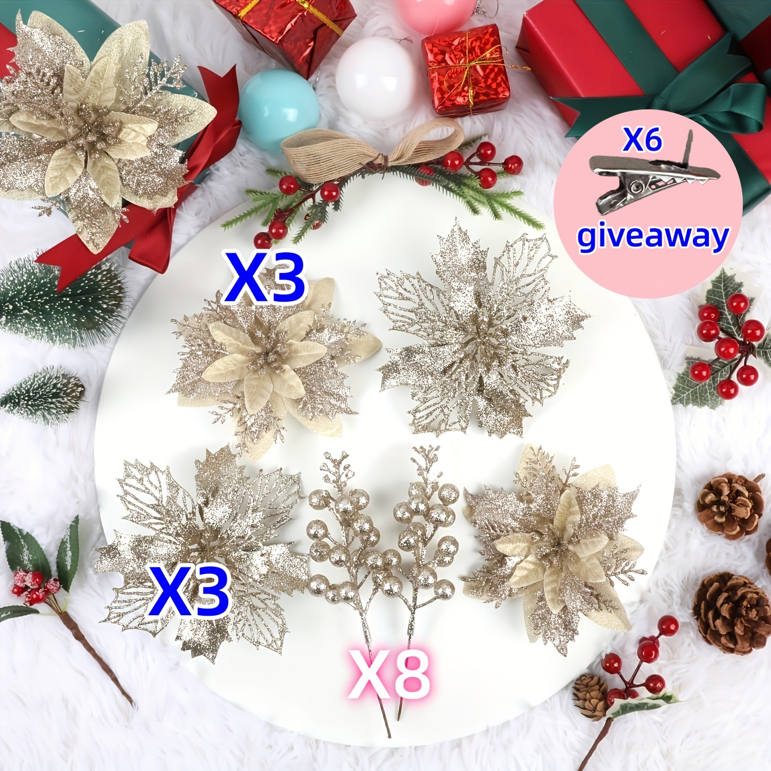 TEMU 20pcs Set (6 Champagne-colored Christmas Blooming Artificial Flowers, 8 Glittery Berry Stems, And 6 Flower Head Clips), Christmas Blooming Grass