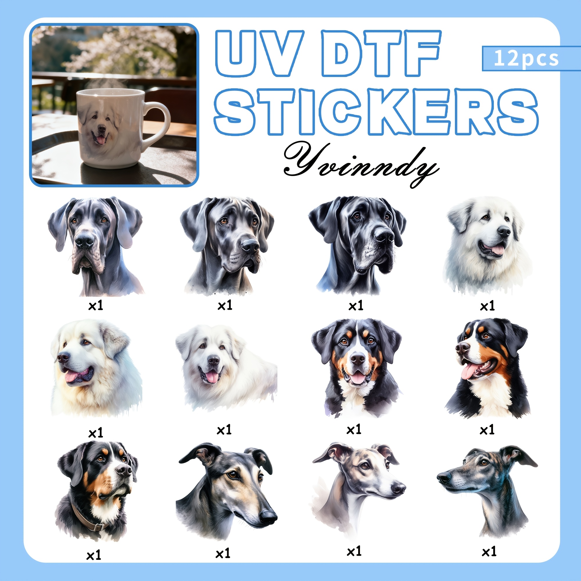 TEMU Set Of 12 Large Breed Dog Watercolor Illustration Stickers, Perfect For Glass Jar Packaging. Uv Dtf High Self-adhesive Transfer Papers Are Ideal